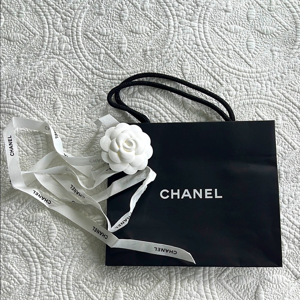 CHANEL Black and White Small Petite Shopping Bag with Camellia and Bow